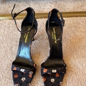 Saint Laurent Black Floral Ankle-Strap Pointed Heels